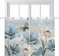 Spring Floral Kitchen Curtains 45 Inch Length, Short Cafe Window Curtains Tab Top, Vintage Tulips Flower Butterfly Retro Wood Blue Light Filtering Window Treatments Tier Drapes 27.5"x45" 2 Panel