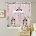 Swag Valance Curtains, Easter Cute Rabbit and Colorful Eggs Rod Pocket Valances Swag Topper for Kitchen Windows, Pink Farm Wooden Barn Light Filtering Short Curtain for Bedroom Bathroom 56x36In