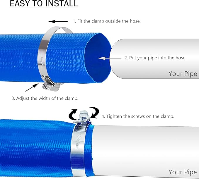 DAVCO 3" x 100 ft Pool Backwash Hose, 3” Diameter and 5” Flat Wide Heavy Duty Reinforced Blue PVC Lay Flat Water Discharge Pump Hoses For Swimming Drain Pools and Clean Filters,with 1 Clamp