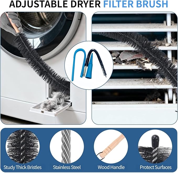 Dryer Vent Cleaner Kit - Universal Vacuum Hose Attachment & Lint Brush, Effectively Clean Clogged Dryer Ducts, Fit Most Vacuums for Dryer, Refrigerator Coils & Behind Appliances (Blue)