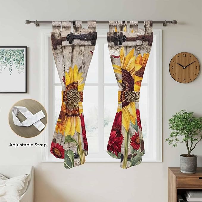 Sunflowers Living Room Curtains 84 Inch Length, Window Curtains Tab Top, Retro Flower Barn Doors Butterfly Farmhouse Brown Light Filtering Window Treatments Drapes 42"x84" 2 Panel