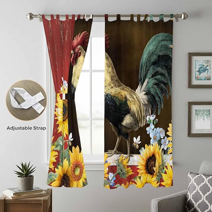 Chicken Sunflowers Living Room Curtains 96 Inch Length, Window Curtains Tab Top, Farmhouse Animals Red Barn Bees Light Filtering Window Treatments Drapes 52"x96" 2 Panel