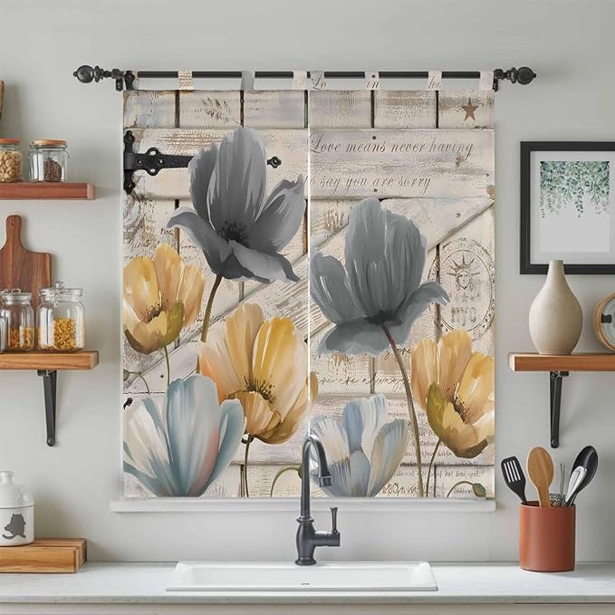 Spring Tulips Flower Living Room Curtains 84 Inch Length, Window Curtains Tab Top, Vintage Floral Barn Doors Rustic Beige Light Filtering Window Treatments Drapes 42"x84" 2 Panel