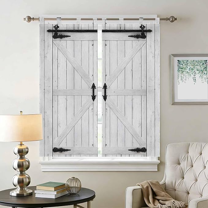Farmhouse Wood Grain Bathroom Curtains 63 Inch Length, Window Curtains Tab Top, Vintage Country Barn Gate Grey Light Filtering Window Treatments Drapes 52"x63" 2 Panel