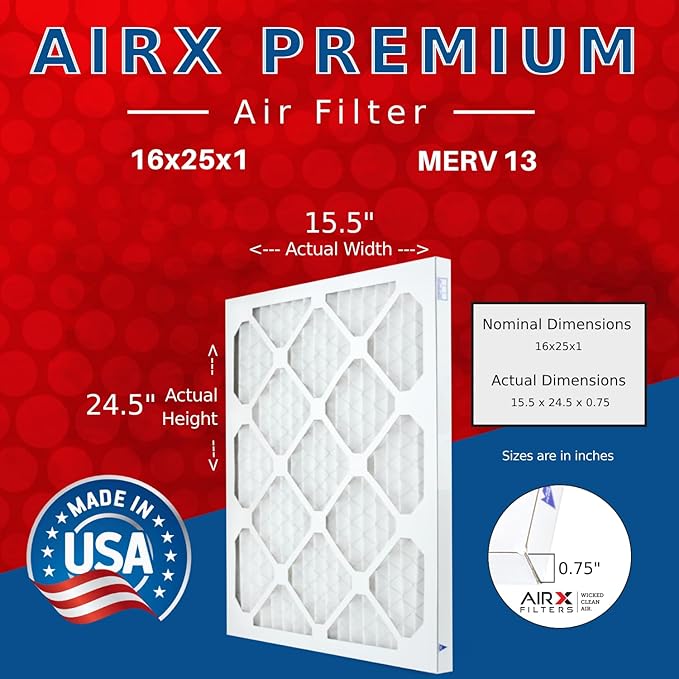 16x25x1 Air Filter by AIRX FILTERS WICKED CLEAN AIR. MERV 13 Electrostatic Pleated Air Conditioner Filter 6 Pack HVAC AC Furnace Filters 16x25x1