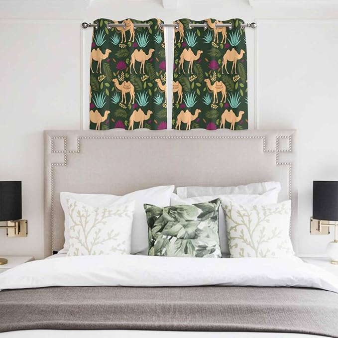 2 Panel Kitchen Cafe Curtains, Retro Desert Camel Sunlight Filtering Nature Air Through, Window Decor Tier Curtains for Living Room 104W x 52L inch Tropical Animal Aloe Vera Leaves Dark Green