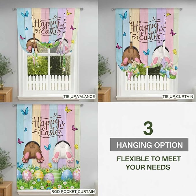 Tie Up Curtains,Happy Easter Rabbit Butt Egg on Daisy Leaf Adjustable Rod Pocket Window Shade Curtain Drape Bufferfly on Wood Barn Tie-Up Valance for Kitchen Bedroom Living Room Windows,34"x45"