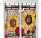 Sunflowers Bathroom Curtains 63 Inch Length, Window Curtains Tab Top, Retro Flower Barn Doors Butterfly Farmhouse Brown Light Filtering Window Treatments Drapes 52"x63" 2 Panel