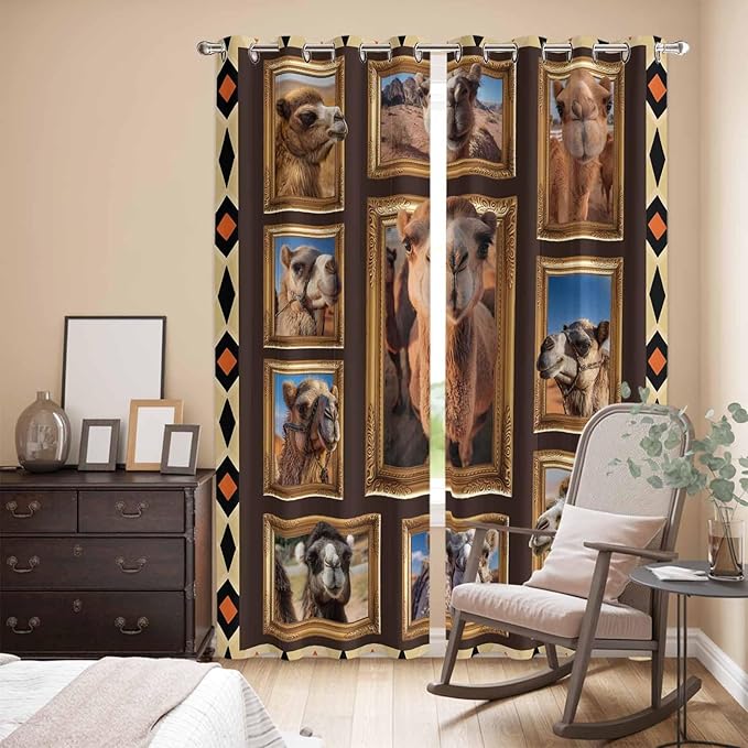 2 Panel Kitchen Cafe Curtains, Wildlife Camels Sunlight Filtering Nature Air Through, Home Decor Window Covering Tier Curtains for Living Room 104W x 90L inch Deserts Animals Brown Geometric Rustic