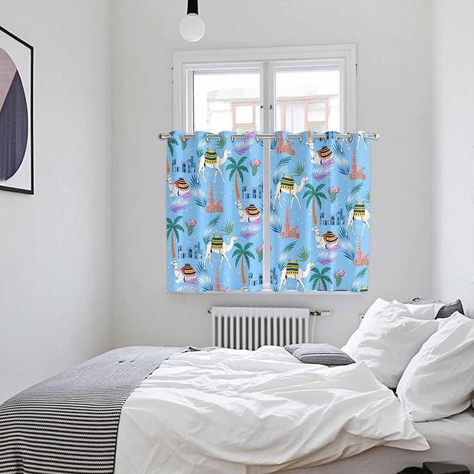 2 Panel Kitchen Cafe Curtains, Desert Landscape Sunlight Filtering Nature Air Through, Window Decor Tier Curtains for Living Room 104W x 72L inch Cute Camels Palm Trees Houses Leaves Blue