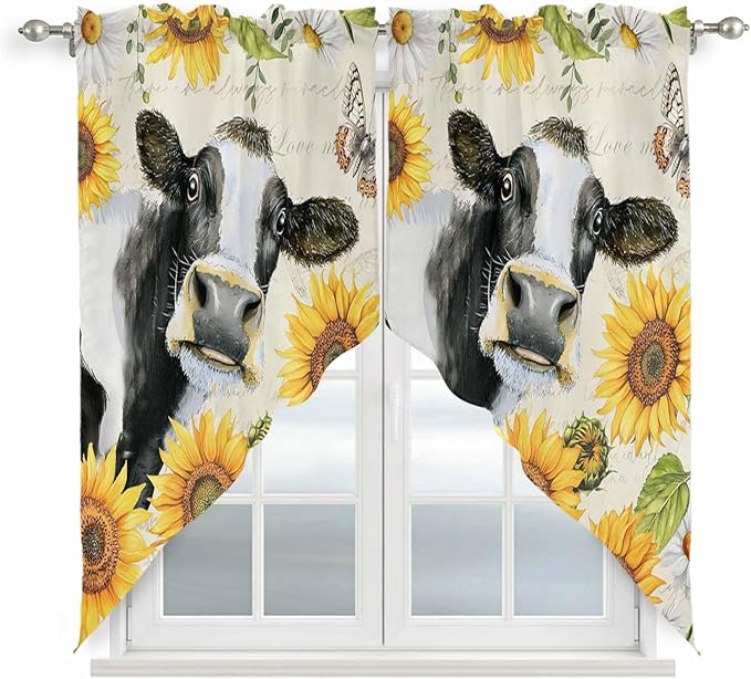 Yellow Sunflowers Swag Valances for Windows, Country Cow Flower Butterfly Farmhouse Cream Rod Pocket Kitchen Curtains Valance, Kitchen Window Curtains Swag for Cafe Living Room, 2 Panels, 36x45 inch