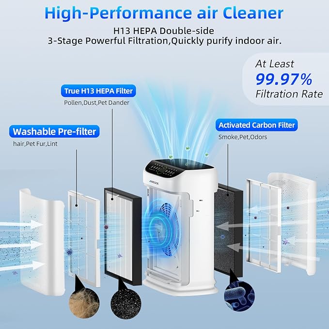 Replacement HEPA Filters Compatible with AnEgoe ZX001 Air Purifier,3 Stage H13 True HEPA Filter for Air Purifiers for Home Large Room up to 2500Ft²,Air Cleaner Filter,2 Pack
