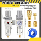 Tuanse Manual Drain 1/2" NPT Compressed Air Filter Regulator, Piggyback Combo, Fiber Element, Poly Bowl, Metal Bracket & Fittings, 0-150 Psi Gauge for Garage Use