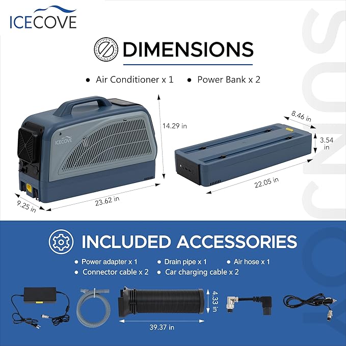 IceCove Portable Air Conditioner with Add-on Battery & Solar Panel, 2500BTU AC Unit, 250W Low Power Consumption, 25.5VDC, 2 Fan Speed, 3 Light Mode for Tent Camping RV Truck Van Life Home, Blue
