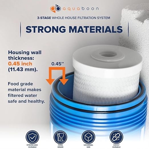 Aquaboon 3-Stage Whole House Water Filter System with 5 Micron 10x4.5 House Water Purification Pleated Sediment, Carbon Chlorine Reduction and Reducing Sediment Filter, Pressure Gauge, Wrench, Bracket