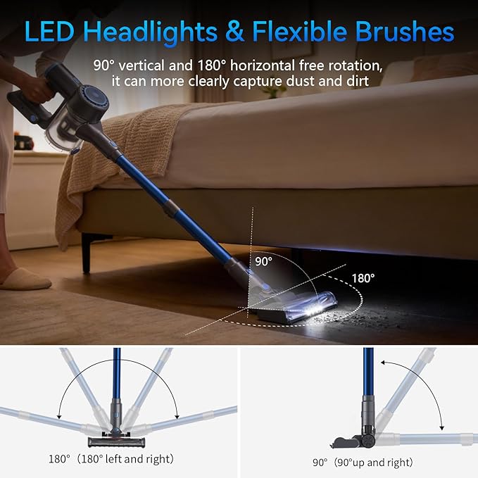 BlueEpic Cordless Vacuum Cleaner, Rechargeable with 2200mAh Detachable Battery, Powerful Stick Vacuum with 2 Adjustable Modes, Lightweight Handheld Vacuum for Pet Hair/Carpet/Floor