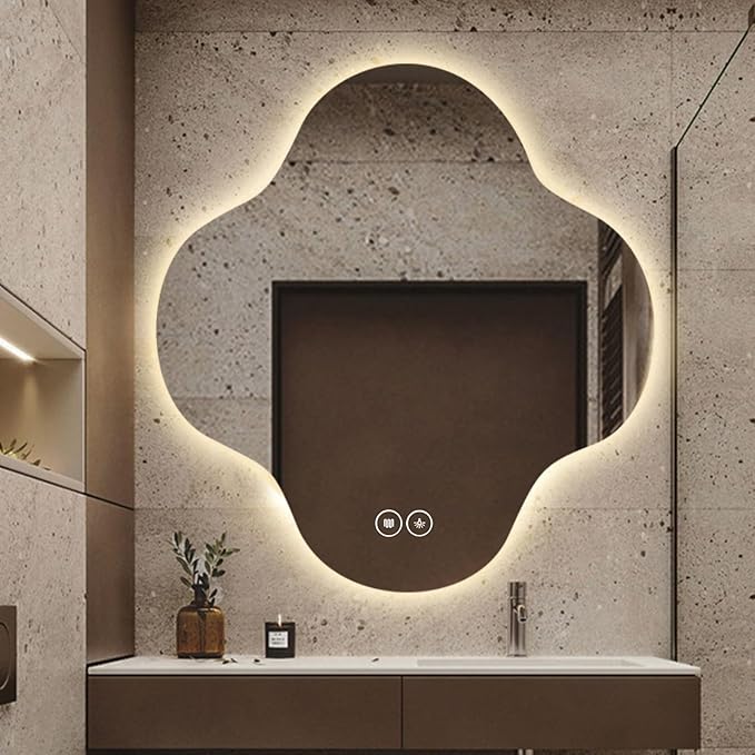 Irregular Bathroom Mirror with LED Light, Wall Mounted Mirror with Demister Pad, 3-Color Dimmable LED Light, for Wall, Living Room, Bedroom, Vanity, Entryway(70cm/27.6in)