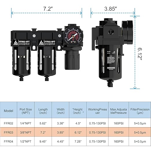 3/8" NPT Air Dryer System,Air Compressor Filter Dryer,5 and 5 Micron Filter Cartridge,Semi-Auto Drain, Metal Bracket