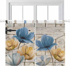 Blue Yellow Tulips Kitchen Curtains 45 Inch Length, Short Cafe Window Curtains Tab Top, Retro Farmhouse Flower Barn Doors Wooden Light Filtering Window Treatments Tier Drapes 27.5"x45" 2 Panel