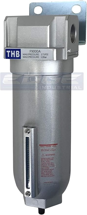 HEAVY DUTY INDUSTRIAL RATED HIGH FLOW PARTICULATE FILTER, IN-LINE WATER TRAP FOR COMPRESSED AIR LINE SYSTEMS, 5 MICRON WITH METAL BOWL AND AUTO DRAIN (3/4" NPT, 11oz)