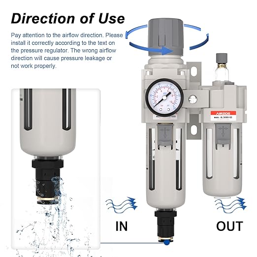 3/8" NPT Compressed Air Filter Regulator Lubricator Combo, Air Compressor Water Separator AC3010-03,5 Micron Brass Element Auto Drain,0-145 psi Gauge