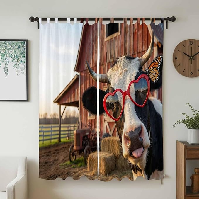 Farm Cows Living Room Curtains 84 Inch Length, Window Curtains Tab Top, Farmhouse Barn Funny Animals Butterfly Light Filtering Window Treatments Drapes 52"x84" 2 Panel