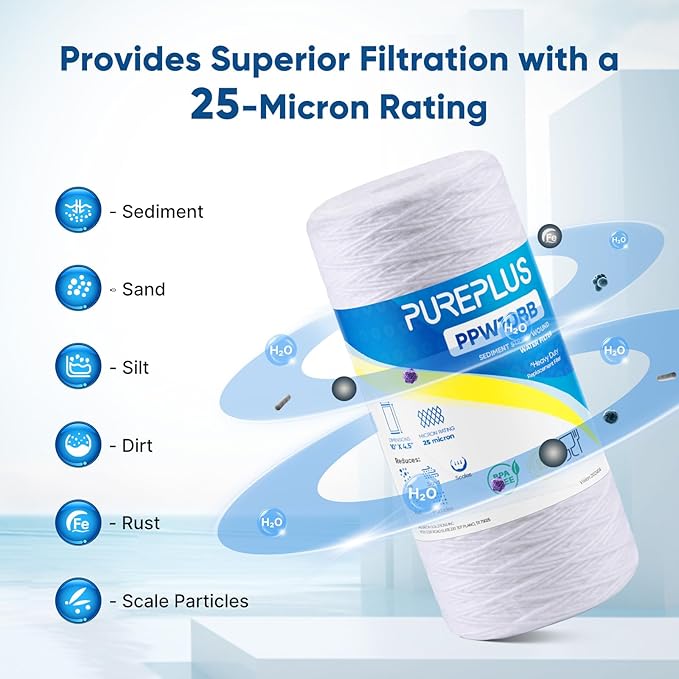 PUREPLUS 25 Micron 10 x 4.5 Whole House String Wound Sediment Filter for Well Water, Replacement Cartridge for 84637, WPX5BB97P, PC10, CW5-BBS, 355215-45, WP10BB97P, WP5BB97P, 4Pack