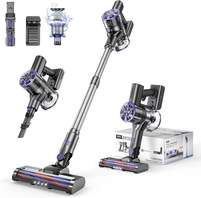Cordless Vacuum Cleaner Rechargeable with 2600mAh Detachable Battery, Powerful Vacuums with 2 Adjustable Modes, Lightweight Portable Stick Vacuum for Home (Ink Purple)