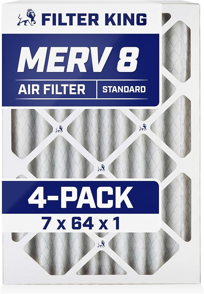 Filter King 7x64x1 Air Filter | 4-PACK | MERV 8 HVAC Pleated A/C Furnace Filters | MADE IN USA | Actual Size: 7 x 64 x .75"