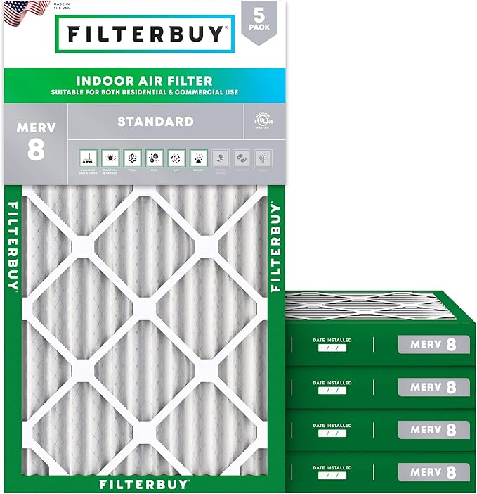 Filterbuy 20x36x2 Air Filter MERV 8 Essential Dust & Allergy Defense (5-Pack), Electrostatic Pleated HVAC AC Furnace Filters Replacement, Made in USA (Actual Size: 19.50 x 35.50 x 1.75)
