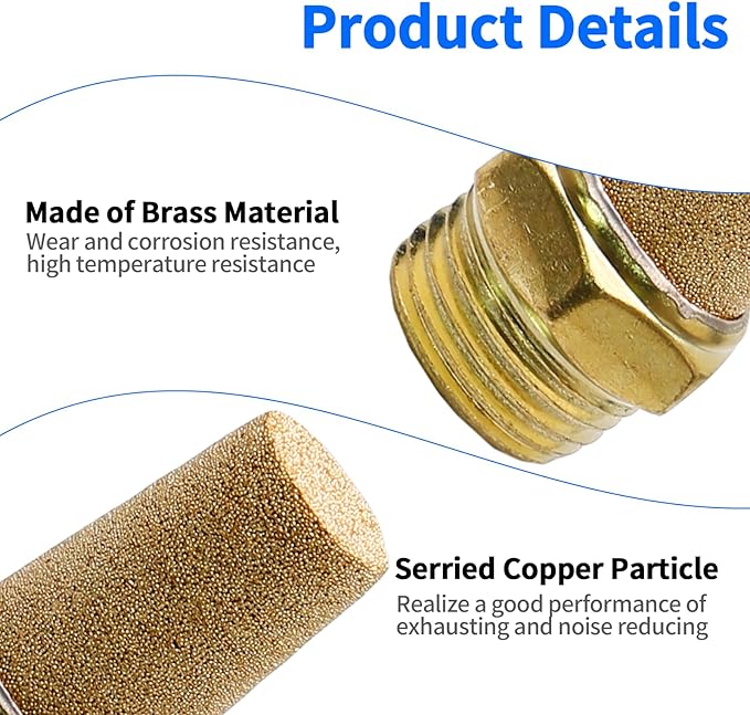 Zorfeter 10pcs Pneumatic Brass Exhaust Muffler Filter, 1/4" NPT Male Thread Hex Sintered Silencer Air Line Fitting