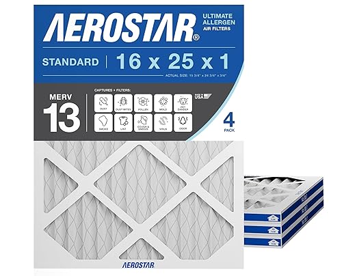 Aerostar 16x25x1 MERV 13 - 4 Count - Pleated HVAC, Furnace & Air Conditioner Filters - Removes Bacteria, Dust, Cold & Flu Germs, Lint, Mold, Pet Dander, Allergy-Causing Pollen, Smog, Smoke & Viruses