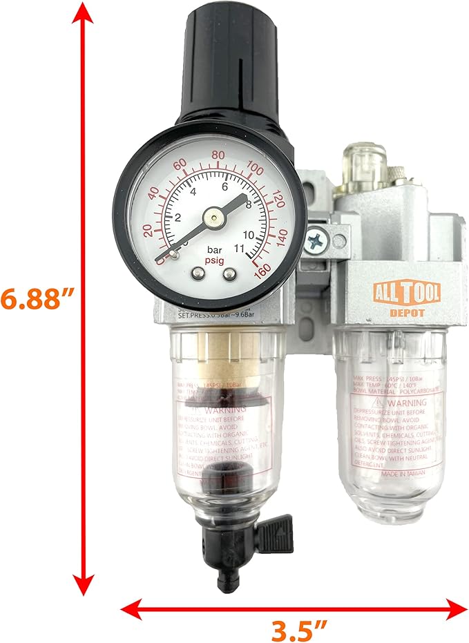 1/4" NPT Mini Compressed Air In Line Filter Regulator Lubricator Oiler Combo Piggyback, Poly Bowl And Metal Body, 5 Micron Element, Adjustable From 7 to 140 PSI (MANUAL DRAIN)