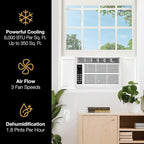 Whirlpool 8,000 BTU Window Air Conditioner with Dehumidifier, 115V, Window AC for Rooms up to 350 Sq. Ft., Living Room, Bedroom, or Apartment, with 3 Speeds, Remote Control, and 24H Timer, White