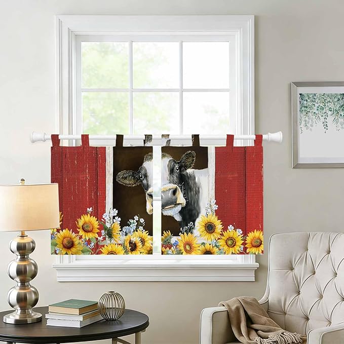 Cows Sunflowers Kitchen Curtains 24 Inch Length, Small Window Curtains Tab Top, Rustic Farms Barns Flowers Bees Animals Light Filtering Short Window Treatments Tier Drapes 27.5"x24" 2 Panel