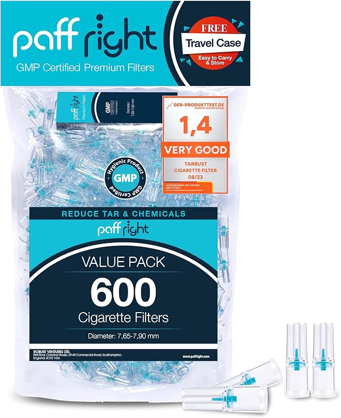 Paffright Filter Tips, BPA and Phthalate Free, Medical Raw Material, 600 Per Pack, 8 mm, 1 Free Travel Case