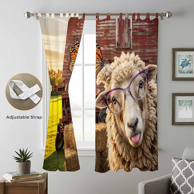Farm Sheep Living Room Curtains 84 Inch Length, Window Curtains Tab Top, Farmhouse Barn Funny Animals Butterfly Light Filtering Window Treatments Drapes 52"x84" 2 Panel