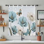 Blue Tulips Living Room Curtains 84 Inch Length, Window Curtains Tab Top, Watercolor Flowers Butterfly Spring Farmhouse Blue Light Filtering Window Treatments Drapes 42"x84" 2 Panel