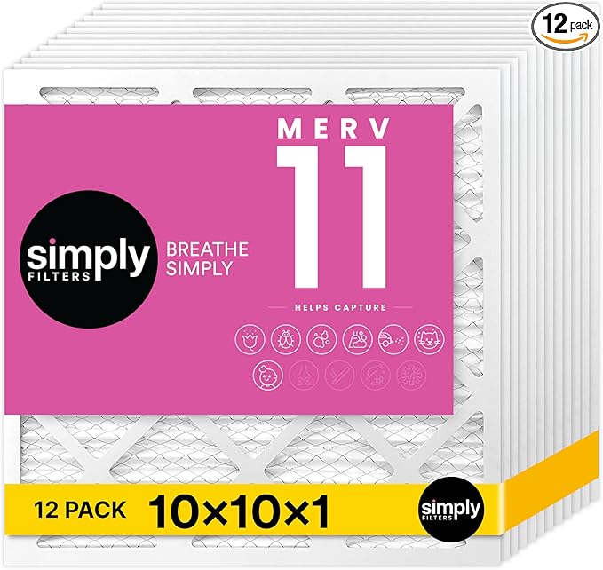 Simply 10x10x1 Air Filter, MERV 11, 12 Pack, For Home AC Furnace & HVAC (Actual Size: 9.75"x9.75"x0.75") DUST, Pet, & Allergy Control