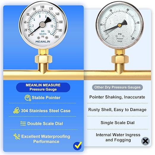 MEANLIN MEASURE 0~200Psi Dry Pressure Gauge Stainless Steel 1/8" NPT 2" FACE DIAL Waterproof for Air Compressor Air Regulator Water Filter Lower Mount, with 1/4" NPT and 3/8" NPT Hex Bushing