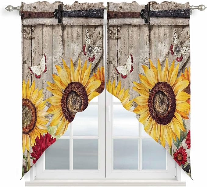 Sunflowers Swag Valances for Windows, Retro Flower Barn Doors Butterfly Farmhouse Brown Rod Pocket Kitchen Curtains Valance, Kitchen Window Curtains Swag for Cafe Living Room, 2 Panels, 36x63 inch