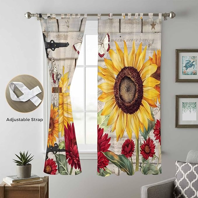 Red Yellow Sunflowers Living Room Curtains 96 Inch Length, Window Curtains Tab Top, Retro Rustic Barn Doors Butterfly Brown Light Filtering Window Treatments Drapes 52"x96" 2 Panel