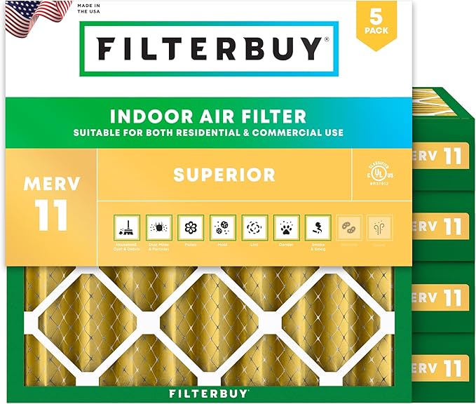 Filterbuy 20x20x4 Air Filter MERV 11 Superior Pet & Allergy Defense (5-Pack), Electrostatic Pleated HVAC AC Furnace Filters Replacement, Made in USA (Actual Size: 19.50 x 19.50 x 3.63)