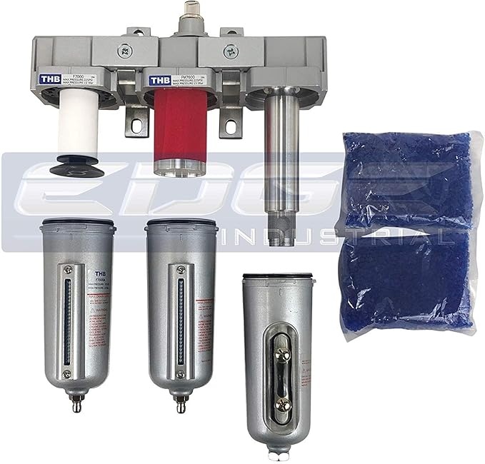 3 STAGE, INDUSTRIAL GRADE IN-LINE COALESCING FILTER & DESICCANT AIR DRYER COMBINATION WITH METAL BOWLS FOR SPRAY GUN EQUIPMENT PAINT BOOTH COMPRESSOR, PLASMA CUTTER (1/2" MANUAL DRAIN)