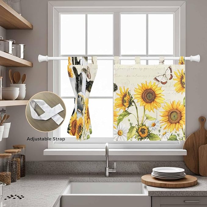 Yellow Sunflowers Kitchen Curtains 24 Inch Length, Small Window Curtains Tab Top, Country Cow Flower Butterfly Farmhouse Cream Light Filtering Short Window Treatments Tier Drapes 27.5"x24" 2 Panel