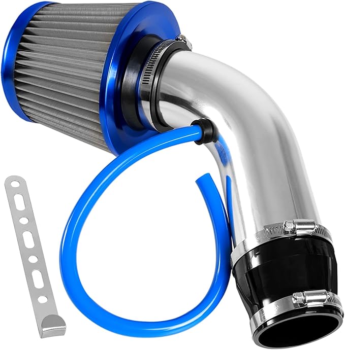 3 Inch Universal Cold Air Intake Filter Kit with Stainless Steel Filter and Aluminum Alloy Pipe, Automotive Air Filter High Induction Flow (Blue & Silver)