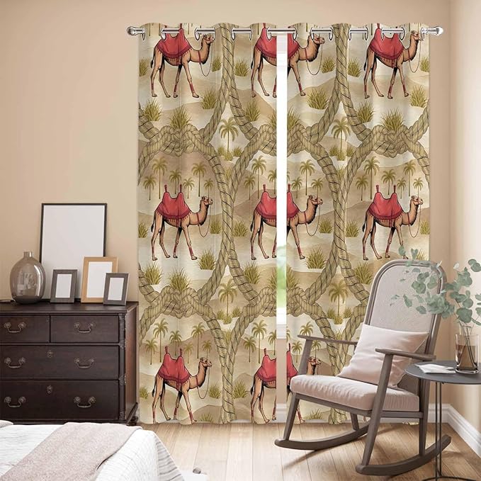 2 Panel Kitchen Cafe Curtains, Desert Camels Sunlight Filtering Nature Air Through, Home Decor Window Covering Tier Curtains for Living Room 80W x 84L inch Tropical Palm Trees Sand Cords Brown