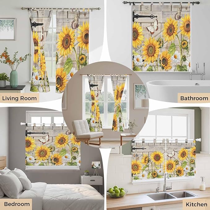 Farm Flowers Bedroom Curtains 72 Inch Length, Window Curtains Tab Top, Retro Sunflowers Barn Doors Butterfly Wood Board Light Filtering Window Treatments Drapes 52"x72" 2 Panel