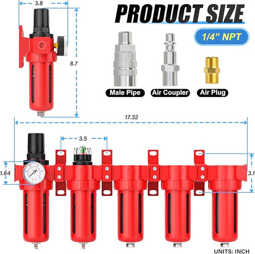 1/4" NPT Industrial Grade 5 Stage Aluminum Air Drying System, Coalescing Filter, Particulate Filter, Triple Desiccant Dryer and Air Regulator, Manual Drain For Plasma Cutter and Paint Spray