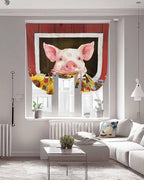 Tie Up Curtains for Windows, Pigs Sunflowers Adjustable Balloon Nature Linen Textured Kitchen Curtain, Farmhouse Red Barn Flowers Animals Tie Up Light Filtering Curtains for Decor, 34 x 45 in